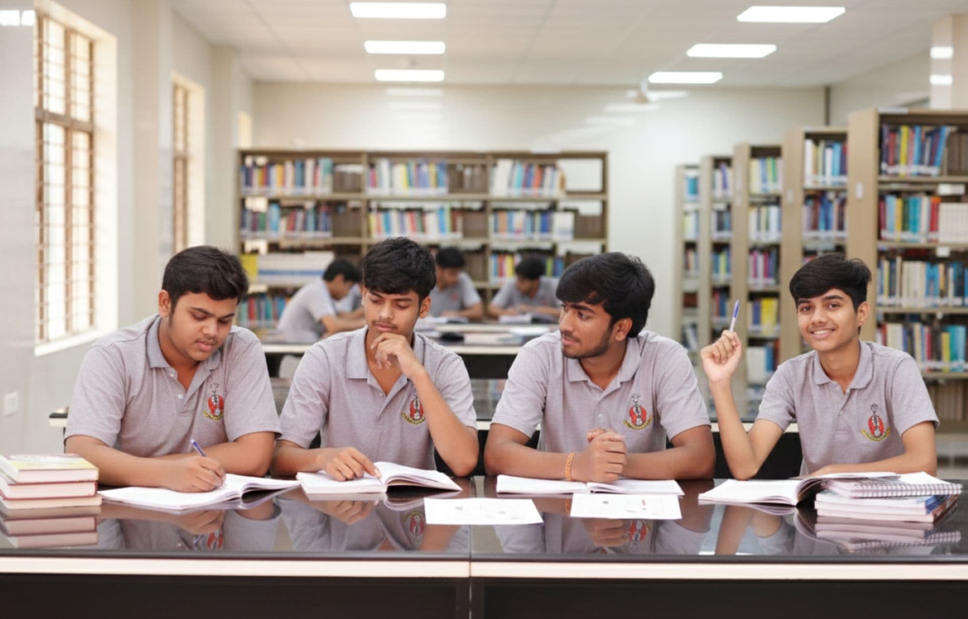 Students studying together in the library at Bapuji SPSS PU College