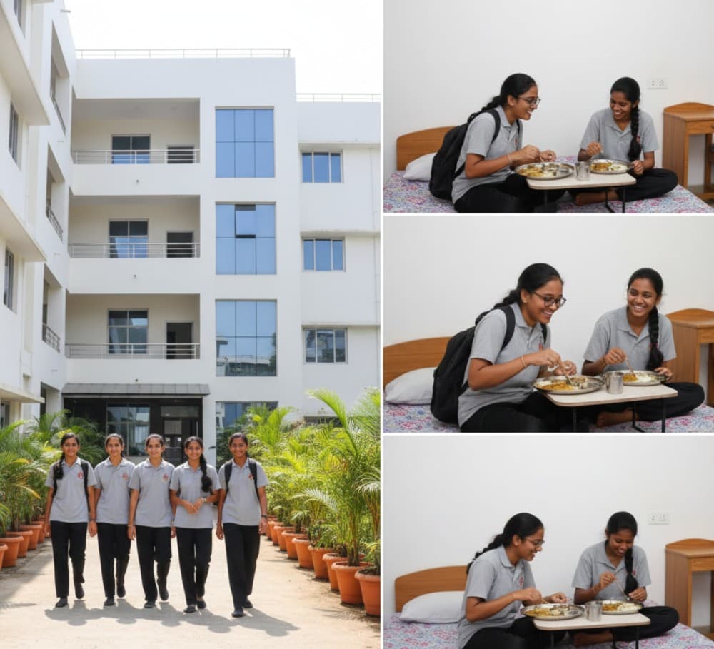 The hostel block at Bapuji SPSS PU College, with students walking to class