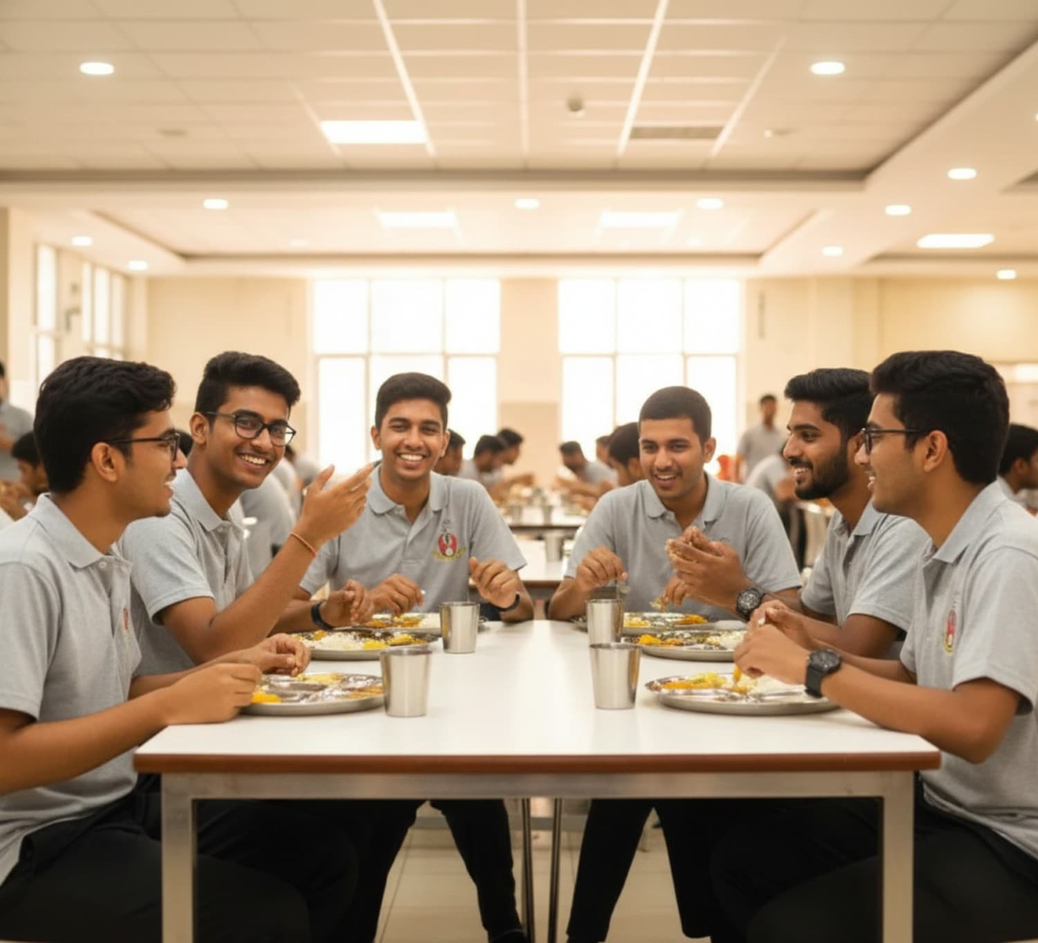 Students eating together in the dining hall at Bapuji SPSS PU College